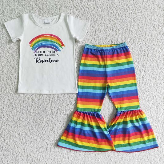 Promotion Baby Girl Rainbow Shirts Stripes Bell Pants Outfit