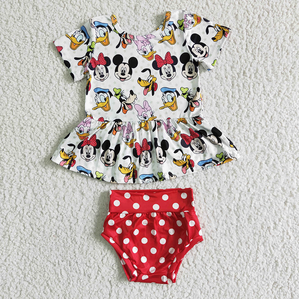 Promotion Baby Girl Short Sleeves Cartoon Tunic Dots Red Bummies Shorts Set