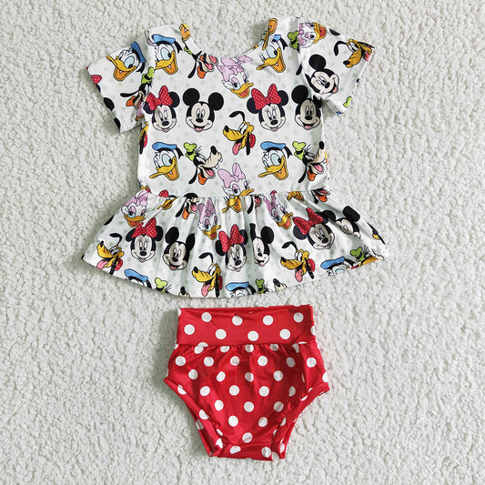 Promotion Baby Girl Short Sleeves Cartoon Tunic Dots Red Bummies Shorts Set