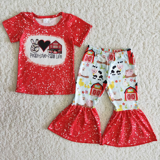 Promotion Baby Girl Red Peace Love Farm Shirt Pants Set