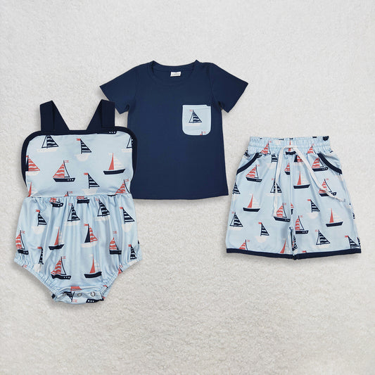 Sibling Baby Boys Kids Navy Shorts Sleeves Shirt Boats Pockets Shorts Romper Set RTS