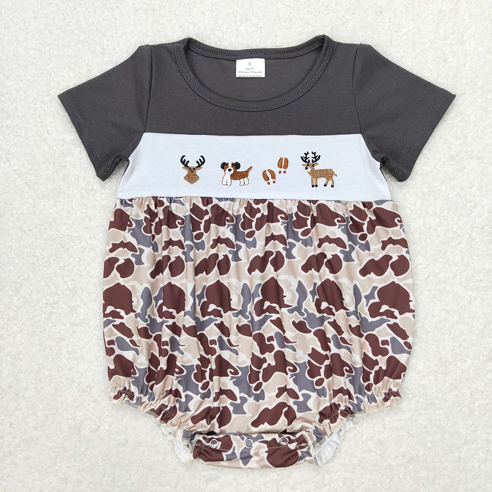 Baby Girl Short Sleeve Embroidery Deer Dogs Camo Romper