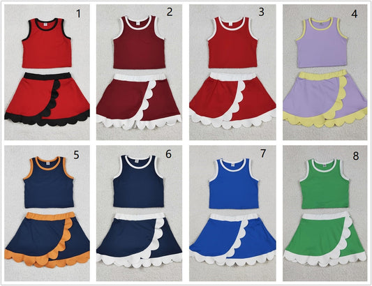 Sibling Baby Girls Kids Sleeveless Shirts Scallop Skirts Shorts Yoga Active Sets Clothes RTS