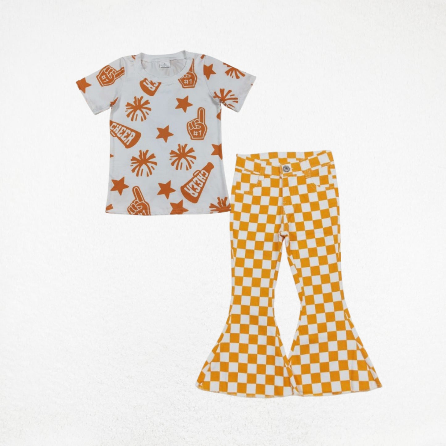 Baby Girl Short Sleeves Cheer Summer Shirt Yellow Checked Denim Jeans Pants Set RTS