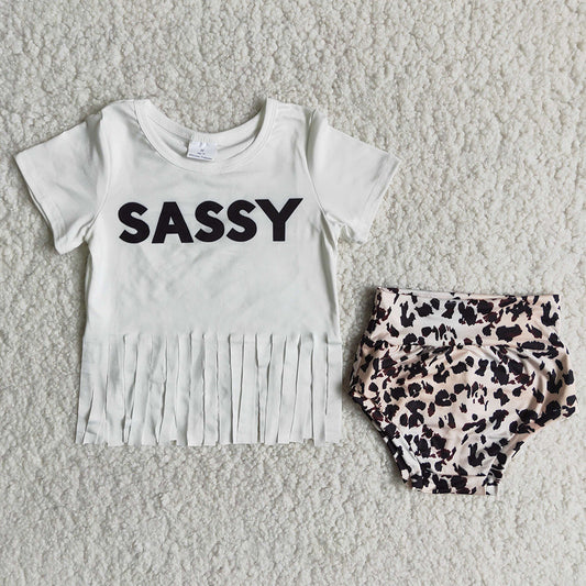 Promotion Baby Girl Summer Sassy Tassel Leopard Bummies Outfit