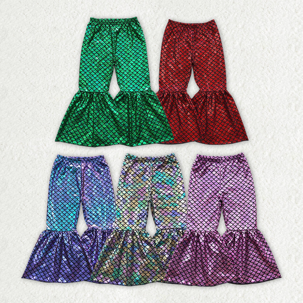 Baby Girl Mermaid Scale Holographic Spandex Bell Bottom Pants Sibling Clothes RTS