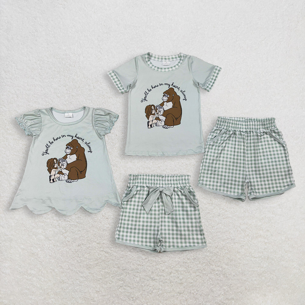Sibling Baby Boys Girls Kids Short Sleeves Monkey Shirts Green Plaid Pockets Shorts Sets RTS