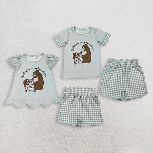 Sibling Baby Boys Girls Kids Short Sleeves Monkey Shirts Green Plaid Pockets Shorts Sets RTS