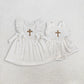 Sibling Baby Girls Infant Straps Embroidery Cross Easter Bubble Romper Dress RTS