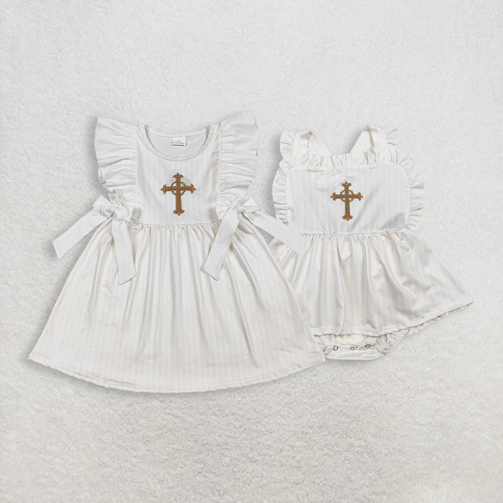 Sibling Baby Girls Infant Straps Embroidery Cross Easter Bubble Romper Dress RTS