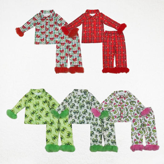 Girls Kids Bows Plaid Green Face Buttons Shirt Pants Sibling Fur Pajamas Christmas Set RTS