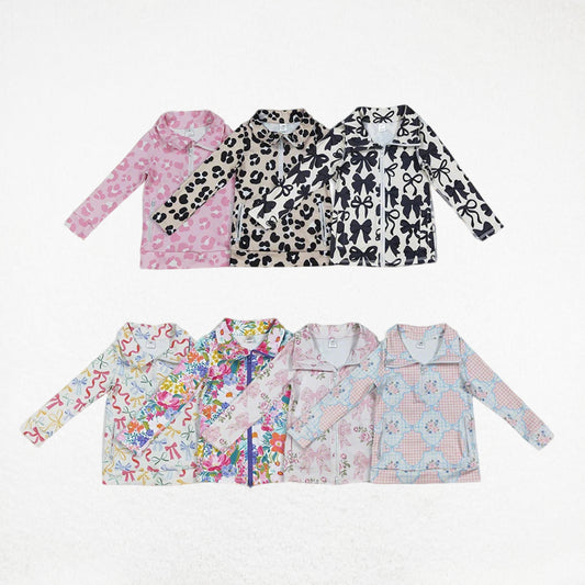 Baby Girl Long Sleeves Leopard Flower Bows Pockets Sibling Yoga Active Zipper Pullover Tops RTS