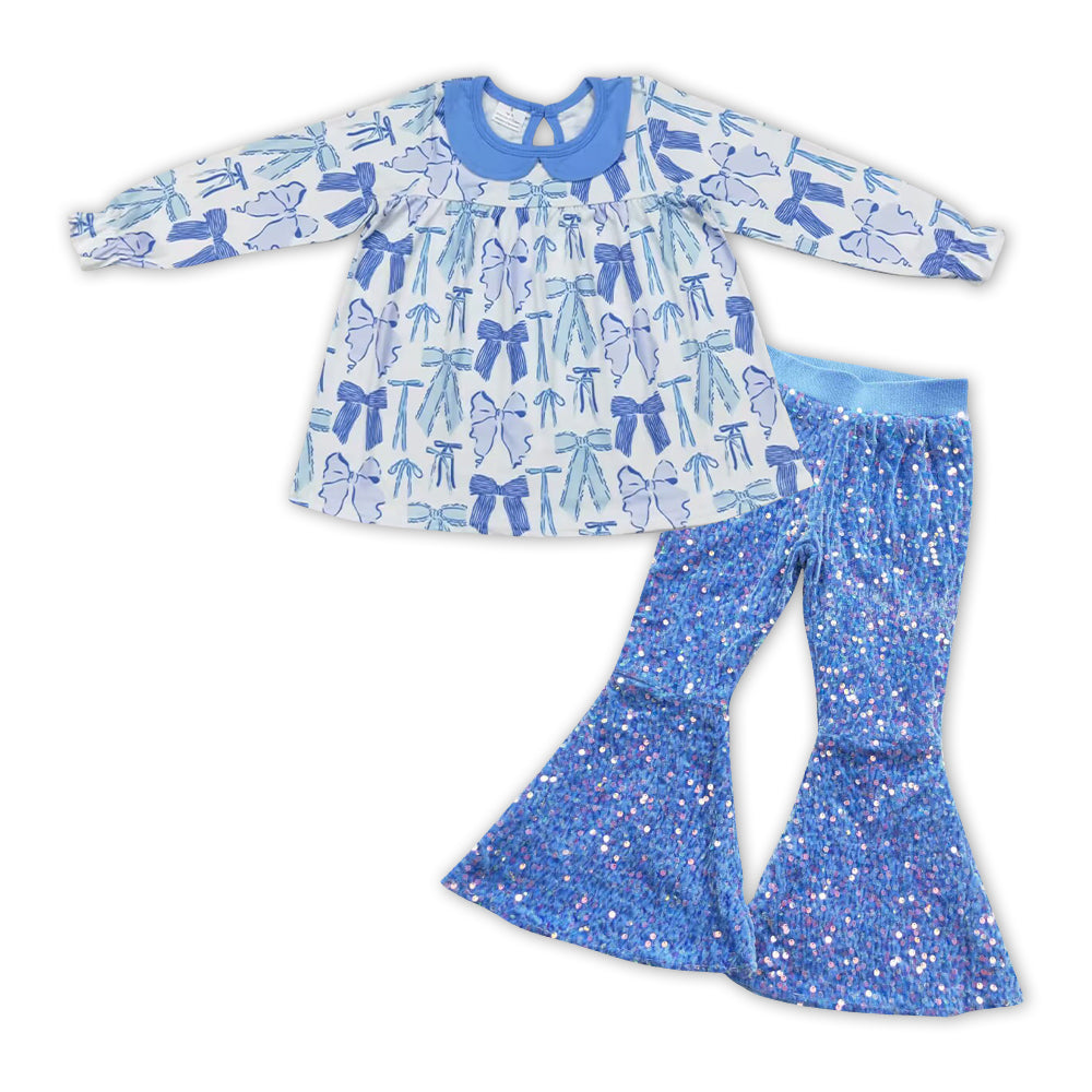 Baby Girl Long Sleeves Bows Tunic Blue Sequins Pants Set