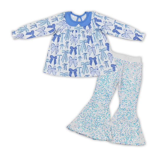 Baby Girl Long Sleeves Blue Bows Tunic Sequin Pants Set