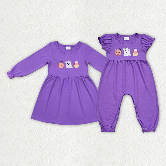 Baby Girl Toddler Embroidery Ghost Halloween Sibling Purple Romper Dress Clothes RTS