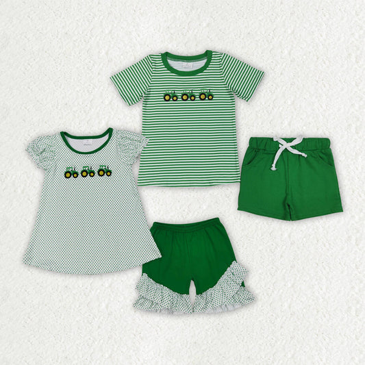 Baby Boy Girl Short Sleeves Embroidery Tractors Sibling Farm Green Outfit Clothes RTS