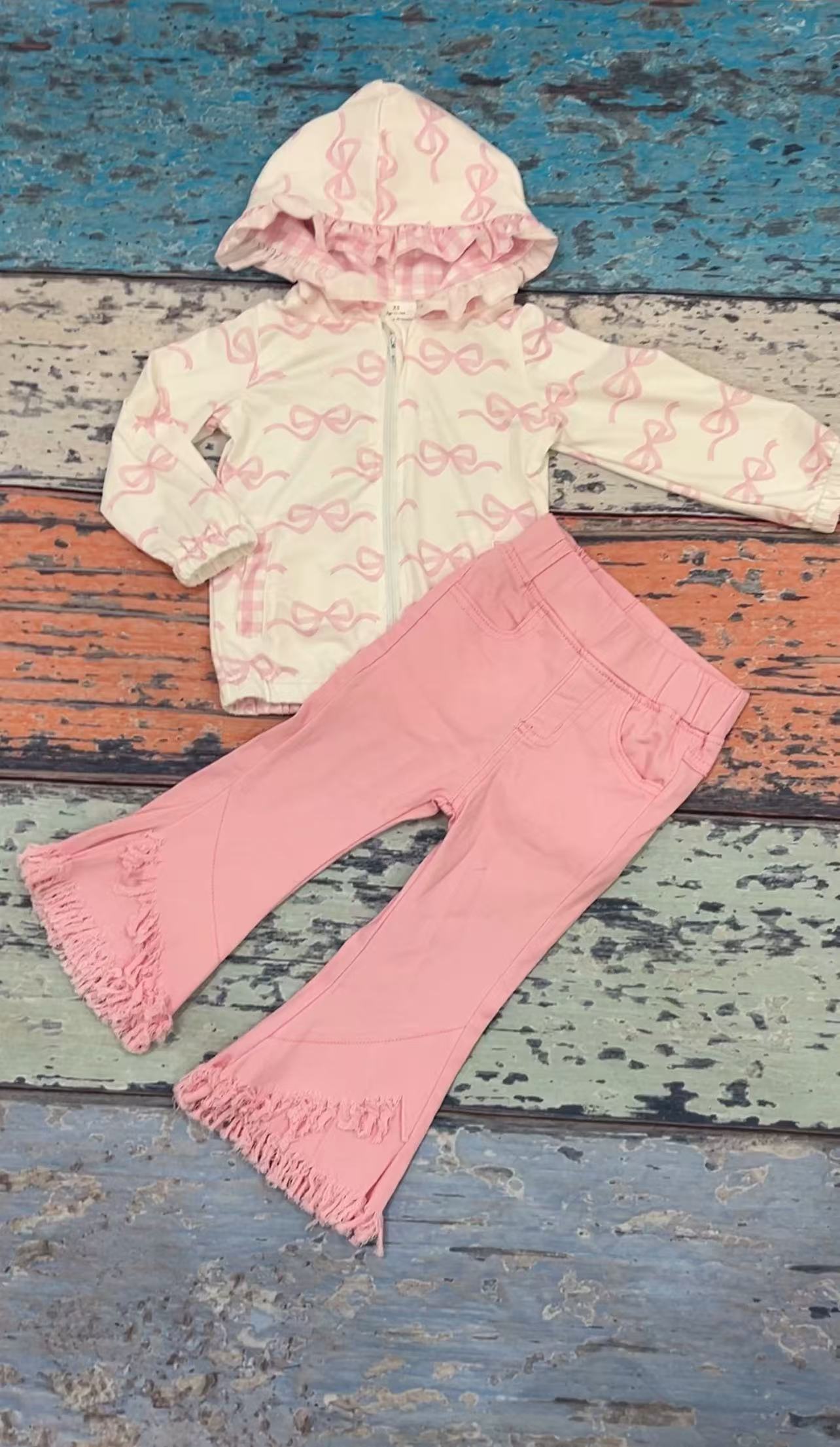 Baby Girl Long Sleeves Bows Hooded Zipper Tops Pink Denim Pants Jeans Clothes Set