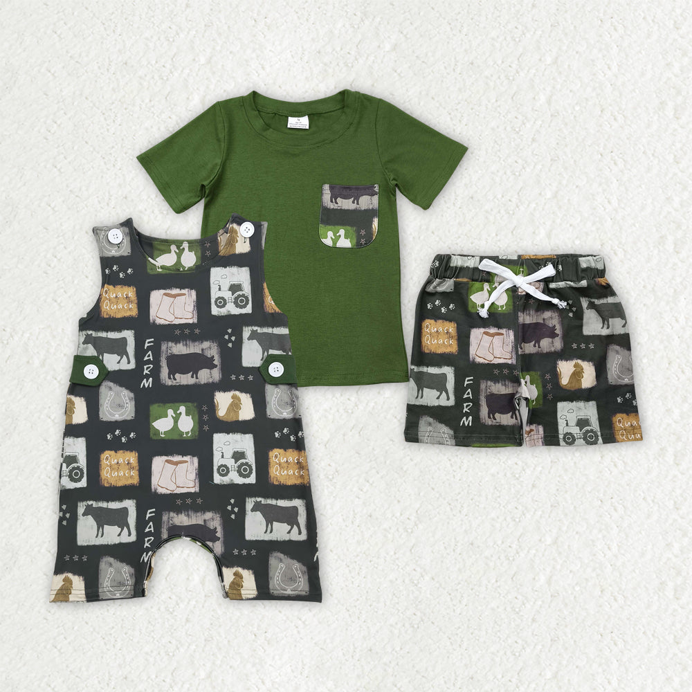 Baby Boy Farm Animals Tractors Sibling Green Romper Outfit Clothes Set RTS