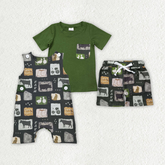 Baby Boy Farm Animals Tractors Sibling Green Romper Outfit Clothes Set RTS