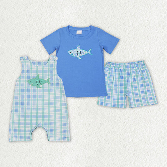 Baby Boy Blue Embroidery Fish Checked Sibling Romper Clothes Set RTS