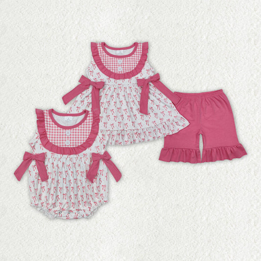 Baby Girl Sleeveless Pink Bows Sibling Romper Clothes Set