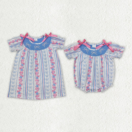 Baby Girl Short Sleeves Embroidery Bows Flower Sibling Sister Romper Dress Clothes