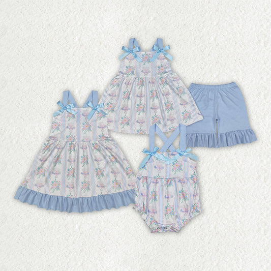 Baby Girl Blue Straps Flower Cakes Bows Sibling Romper Dress Outfit RTS