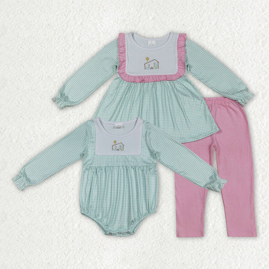 Baby Girl Long Sleeves Green Plaid Embroidery Jesus Sibling Romper Set RTS