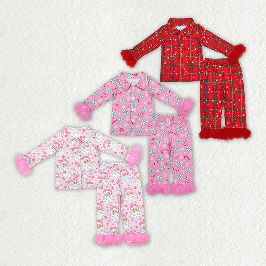 Baby Girl Fur Long Sleeves Christmas Buttons Shirt Pants Sibling Pajamas Clothes Set