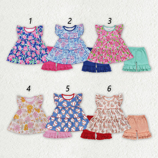 Baby Girl Short Sleeves Flower Tunic Shorts Summer Sibling Clothes Set