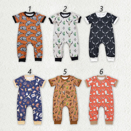 Baby Boy Infant Short Sleeves Western Cow Sibling Buttons Romper