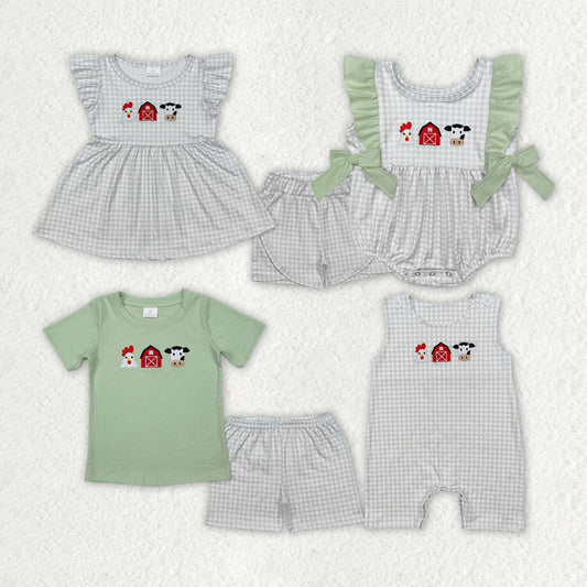 Baby Boy Girl Embroidery Farm Chicken Cow Sibling Romper Clothes Set