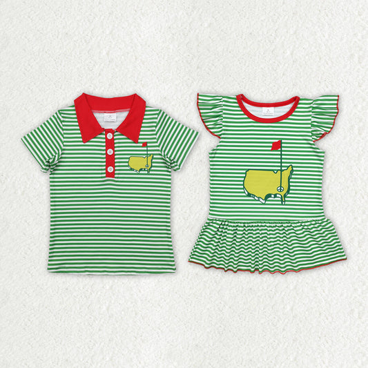 Baby Boy Girl Short Sleeves Green Stripes Golf Sibling Shirt