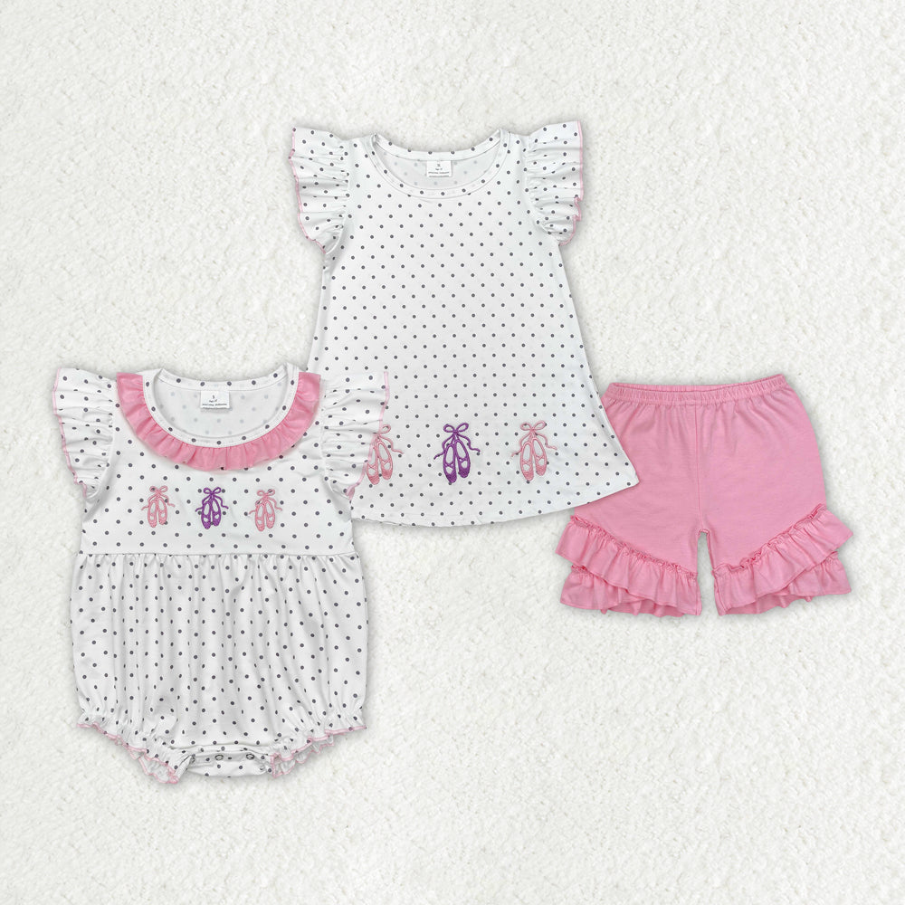 Baby Girl Short Sleeves Embroidery Shoes Dots Sibling Romper Clothes Set