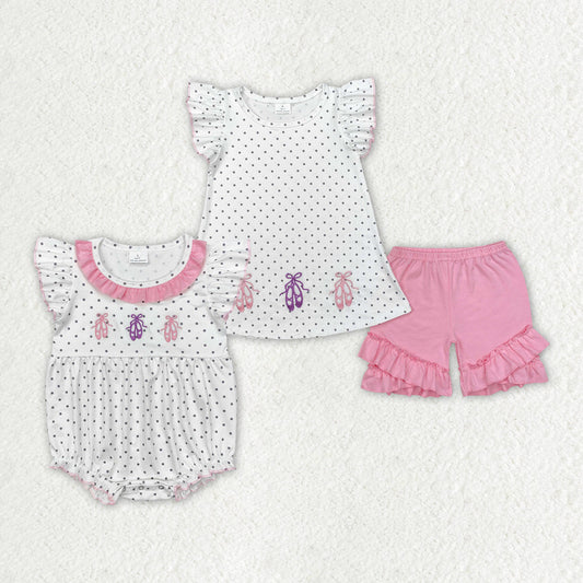Baby Girl Short Sleeves Embroidery Shoes Dots Sibling Romper Clothes Set