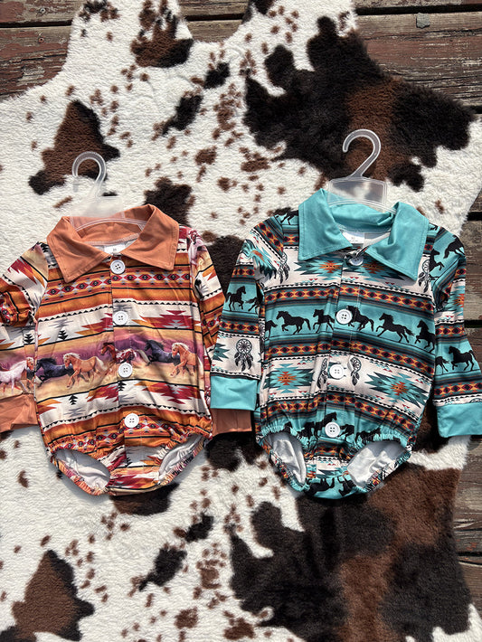 Baby Boy Long Sleeves Western Horse Sibling Buttons Bubble Romper