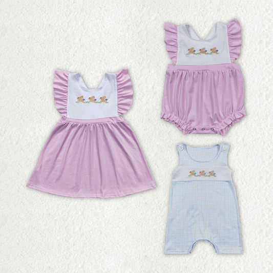 Baby Boy Girl Kids Short Sleeves Embroidery Easter Rabbits Sibling Romper Dresse Clothes Set