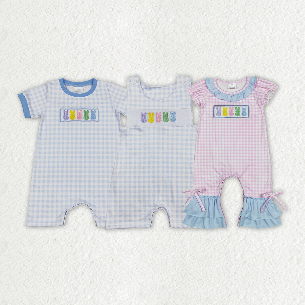 Baby Boy Girl Infant Short Sleeves Embroidery Easter Rabbits Sibling Romper