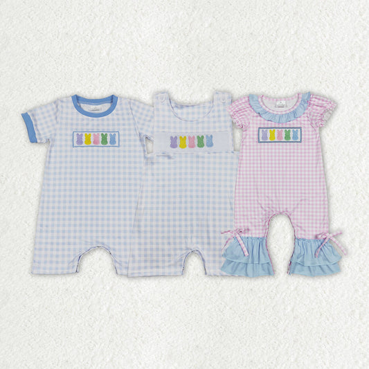 Baby Boy Girl Infant Short Sleeves Embroidery Easter Rabbits Sibling Romper