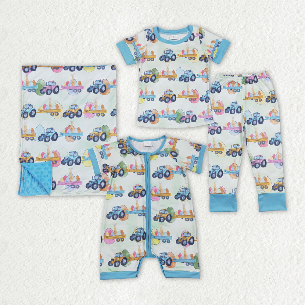 Baby Boy Kids Easter Eggs Tractors Sibling Romper Blanket Clothes Set Pajamas