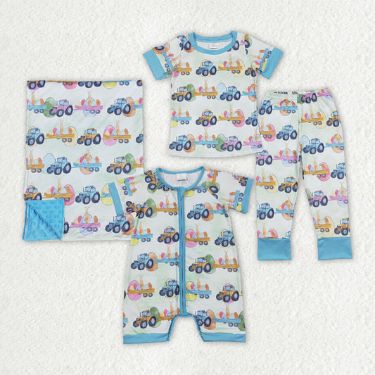 Baby Boy Kids Easter Eggs Tractors Sibling Romper Blanket Clothes Set Pajamas