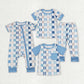 Baby Boy Kids Short Sleeves Checkered Rabbits Sibling Romper Pajamas Clothes Set