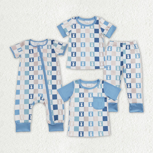 Baby Boy Kids Short Sleeves Checkered Rabbits Sibling Romper Pajamas Clothes Set