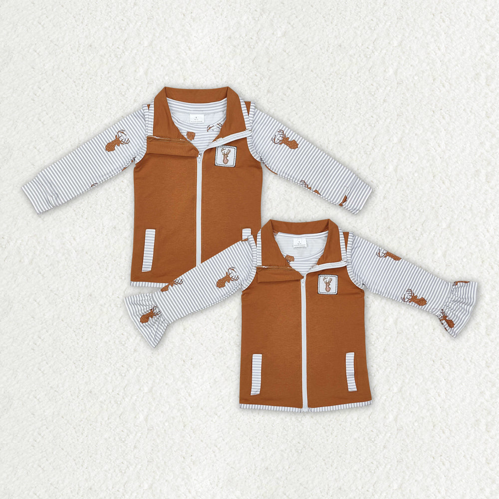 Baby Boy Girl Long Sleeves Deer Shirt Embroidery Vest Sibling Hunting Set