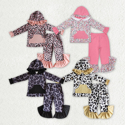 Baby Girl Long Sleeves Leopard Flower Hoodie Shirt Pants Sibling Clothes Set