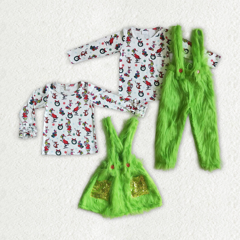 Baby Girl Children Toddler Sibling Christmas Green Fur Clothes Set