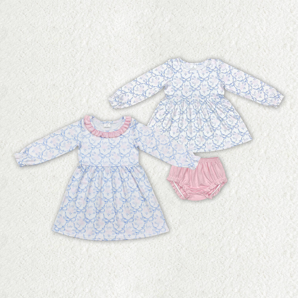 Baby Girl Blue Bows Flower Sibling Bummie Set Clothes Dress