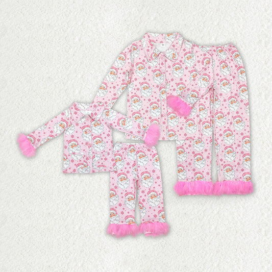 Mommy and Me Baby Girl Adult Christmas Santa Fur Shirt Pants Pink Sibling Pajamas Set