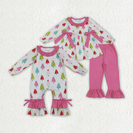 Baby Girl Long Sleeves Christmas Bows Tree Sibling Romper Set Clothes RTS
