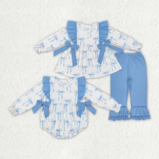 Baby Girl Long Sleeves Blue Bows Sibling Romper Clothes Set